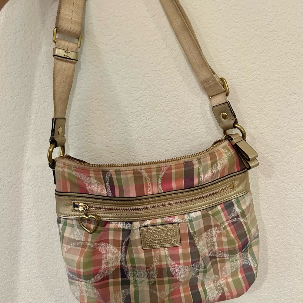 Coach Tan and Pink Plaid Crossbody Bag with Adjustable Strap